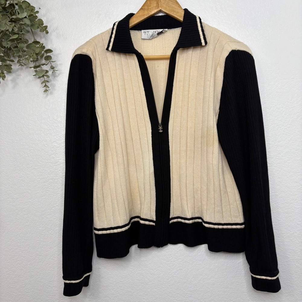 St John Collection Marie Gray Knit Cardigan Cream Black Colorblock Zip Front S